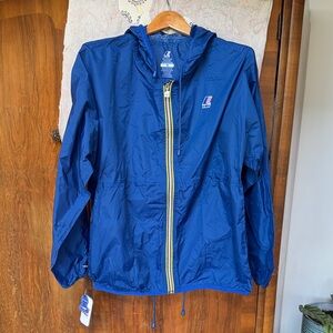 K-Way Royal Blue Hooded Packable Rain Jacket with Yellow Trim Medium